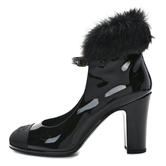 Patent Shearling Lambskin Cap Toe Mary Jane Pumps 41 Black