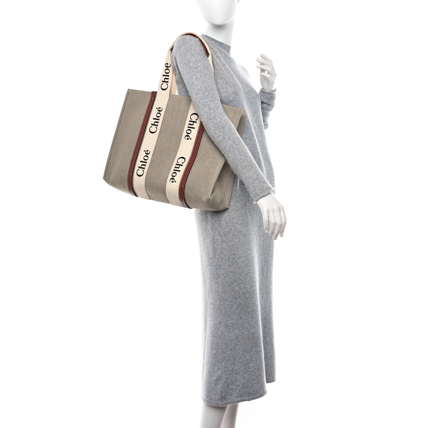 Chloe Linen Calfskin Large Woody Ribbon Tote White Brown 2 of 13