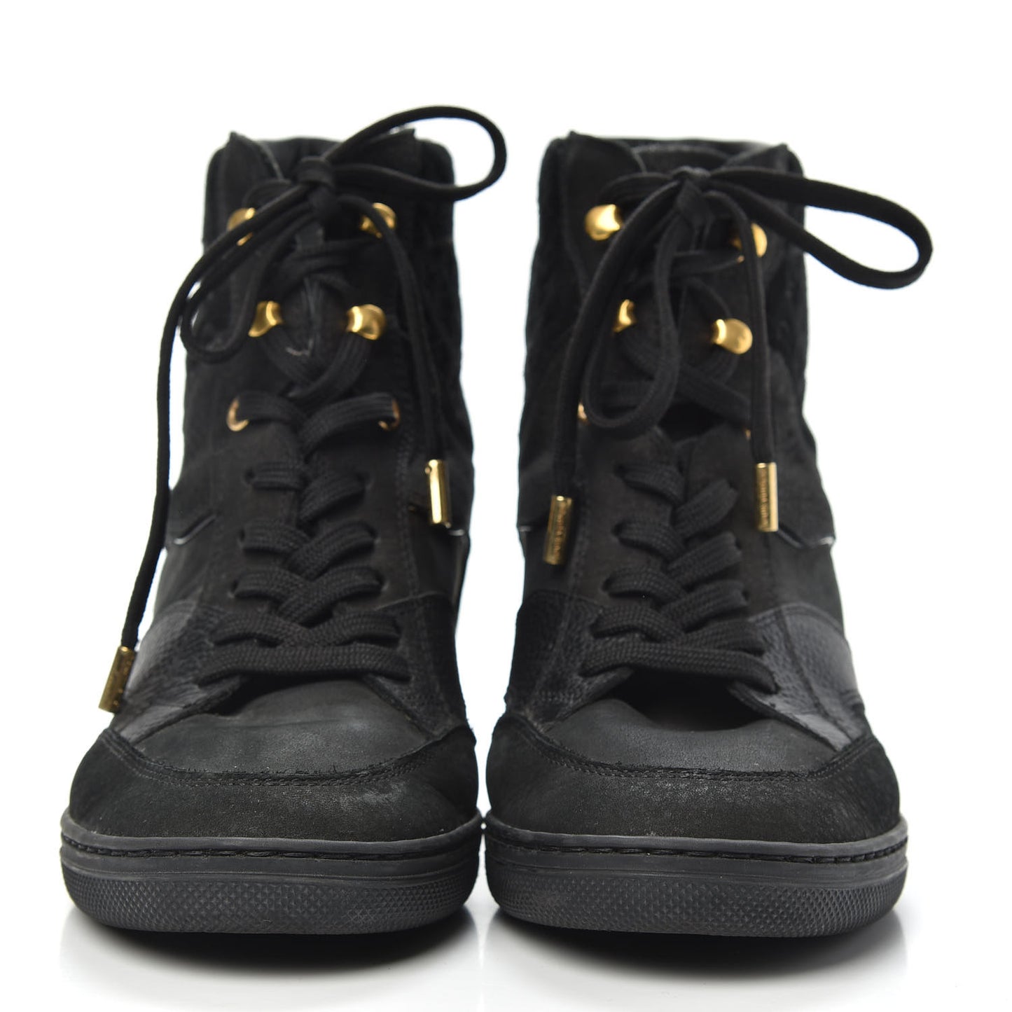 Calfskin Suede Monogram Cliff Top Wedge Sneakers 37 Black