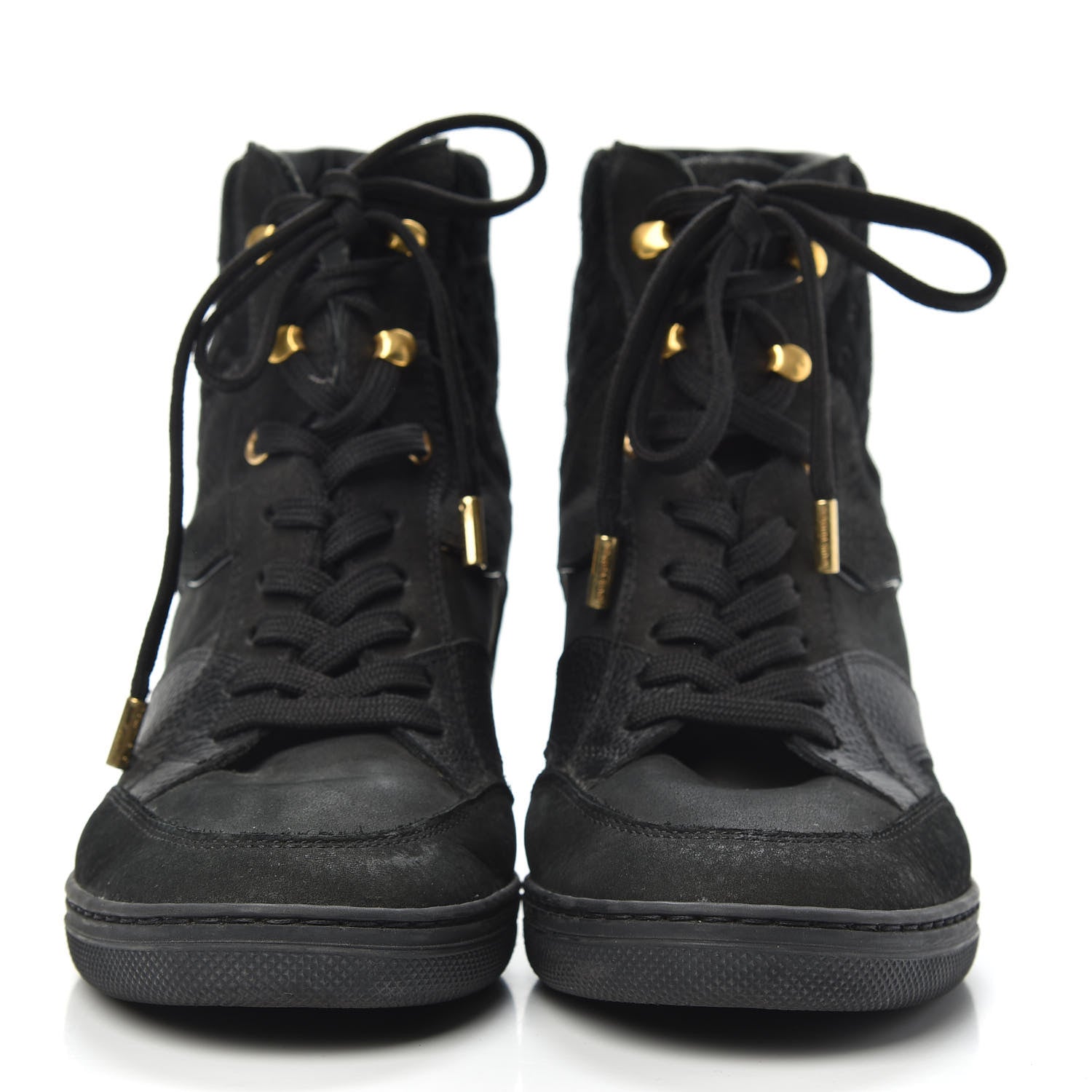 Louis Vuitton Calfskin Suede Monogram Cliff Top Wedge Sneakers 37 Black 2 of 11