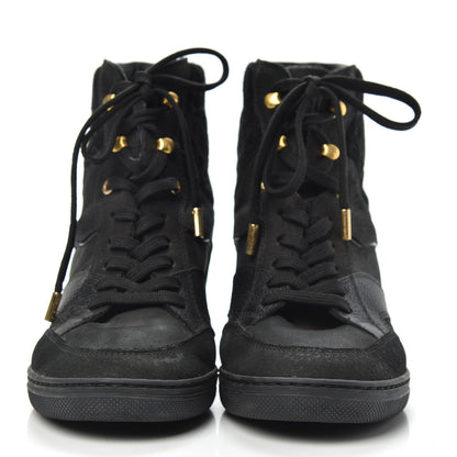 Louis Vuitton Calfskin Suede Monogram Cliff Top Wedge Sneakers 37 Black 2 of 11