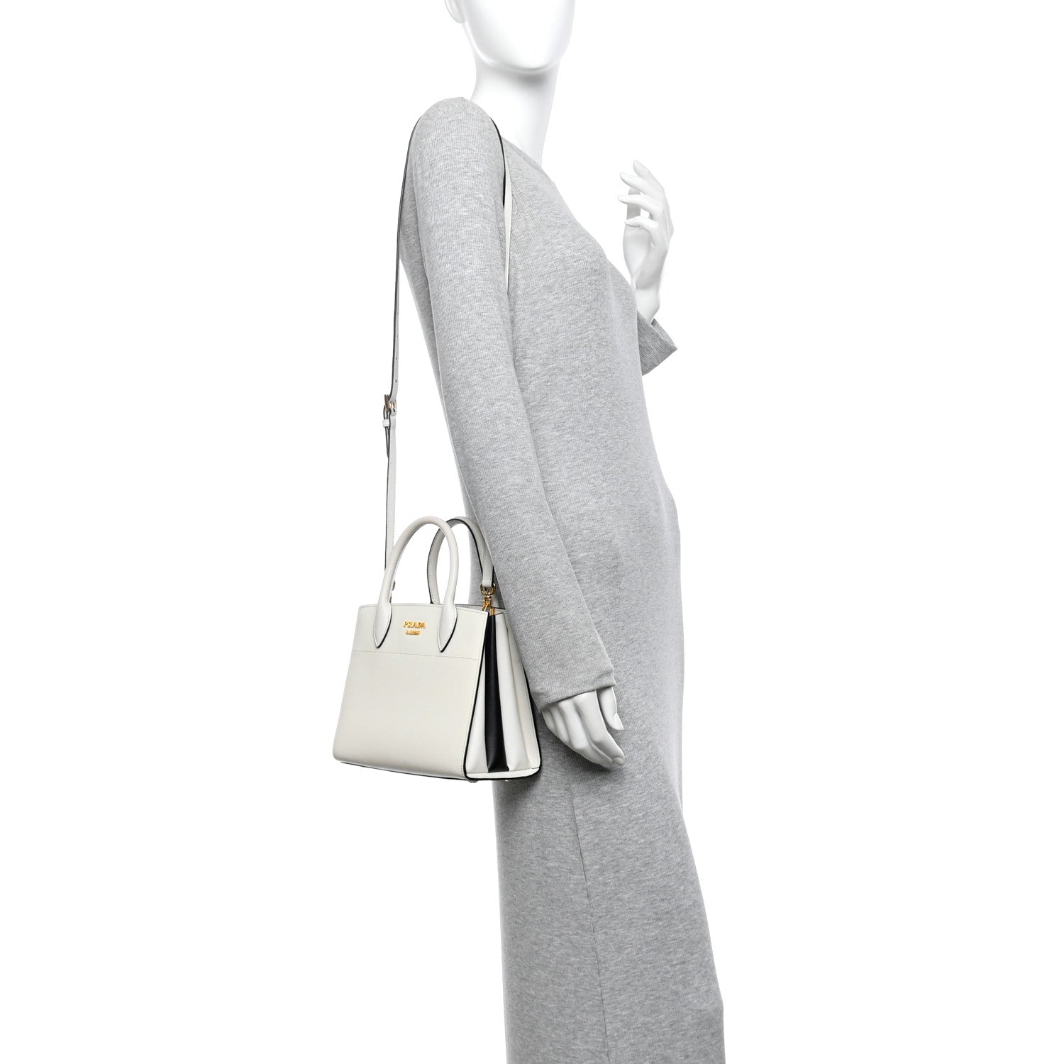 Prada Saffiano City Calfskin Mini Bibliothèque Top Handle White Black 2 of 9