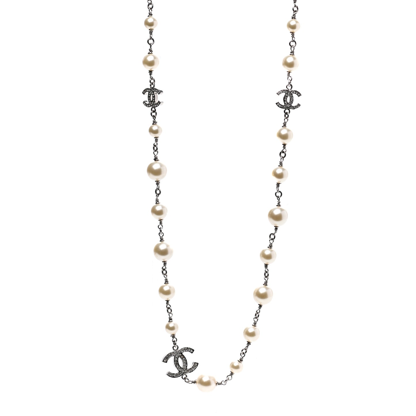 Graduated Pearl Crystal CC Long Necklace Silver