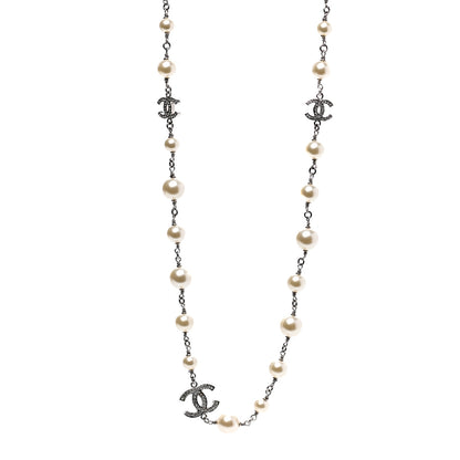 Chanel Graduated Pearl Crystal CC Long Necklace Silver 1 of 9