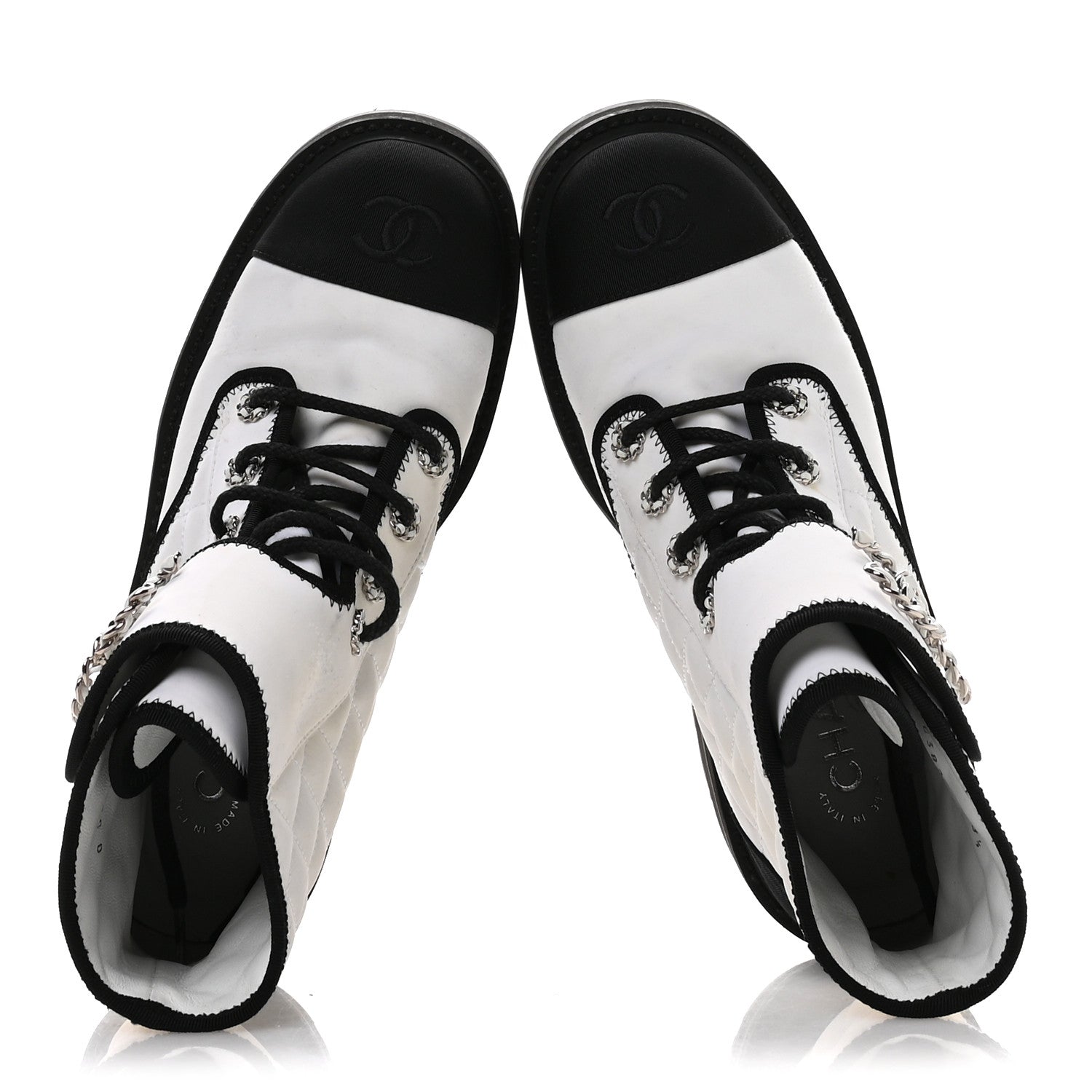 Chanel Fabric Grosgrain Quilted Cap Toe Lace Up Combat Boots 38.5 White Black 2 of 9