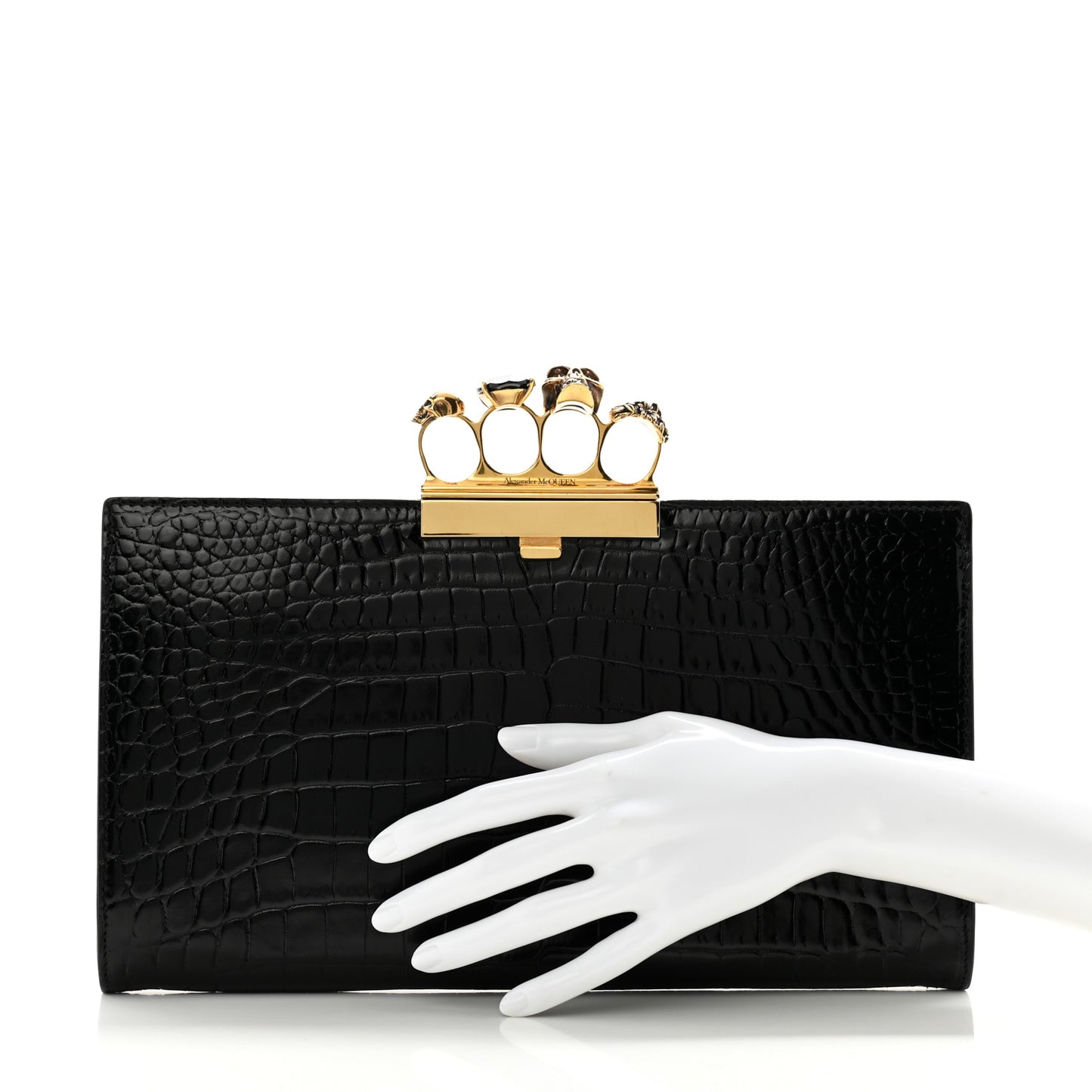 Calfskin Crocodile Embossed Knuckle Flat Clutch Black Gold