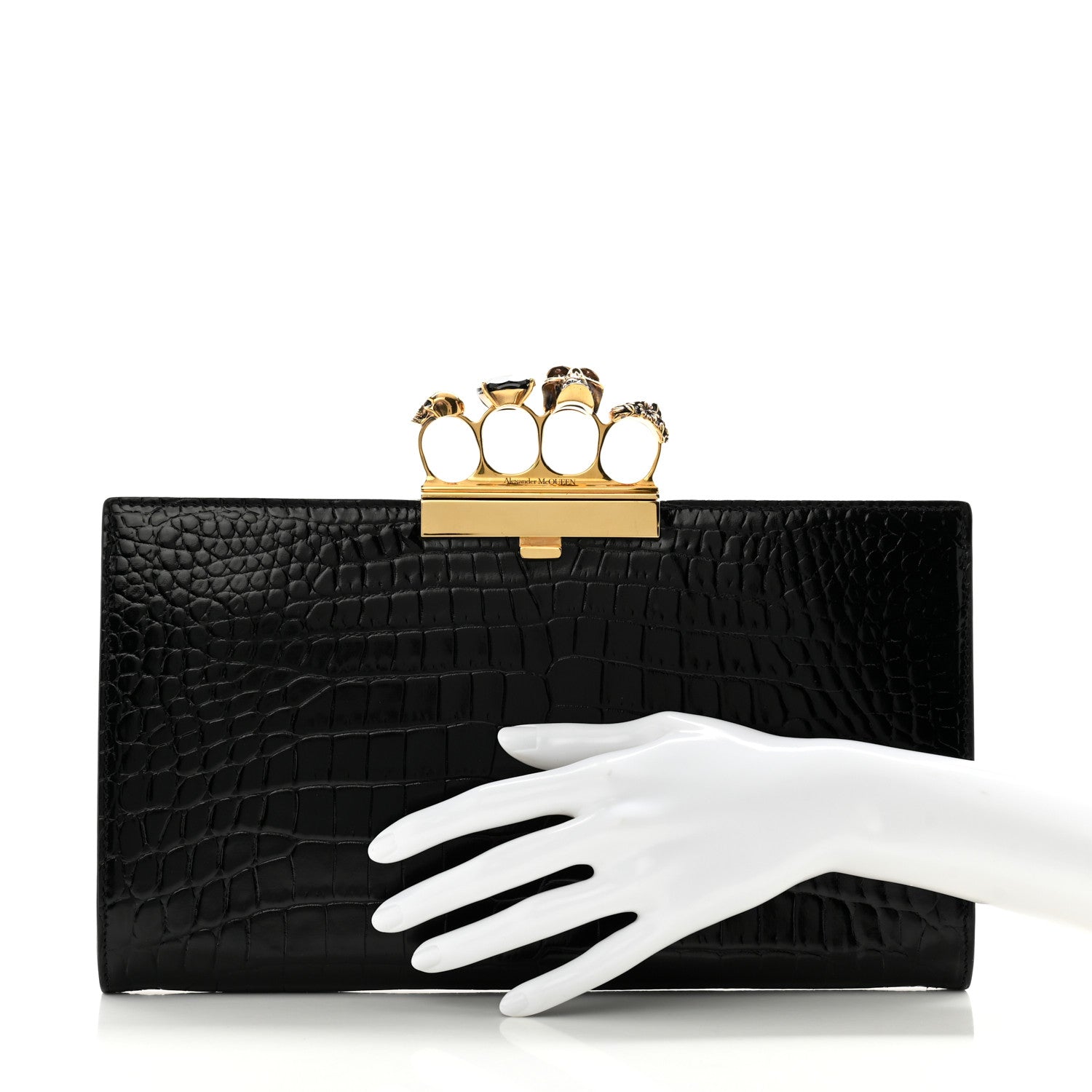 Alexander McQueen Calfskin Crocodile Embossed Knuckle Flat Clutch Black Gold 2 of 9