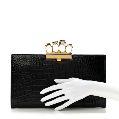 Alexander McQueen Calfskin Crocodile Embossed Knuckle Flat Clutch Black Gold 2 of 9