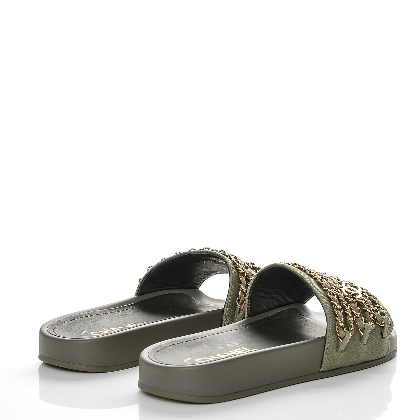 Lambskin Canvas Chain Flat Sandals 38 Khaki