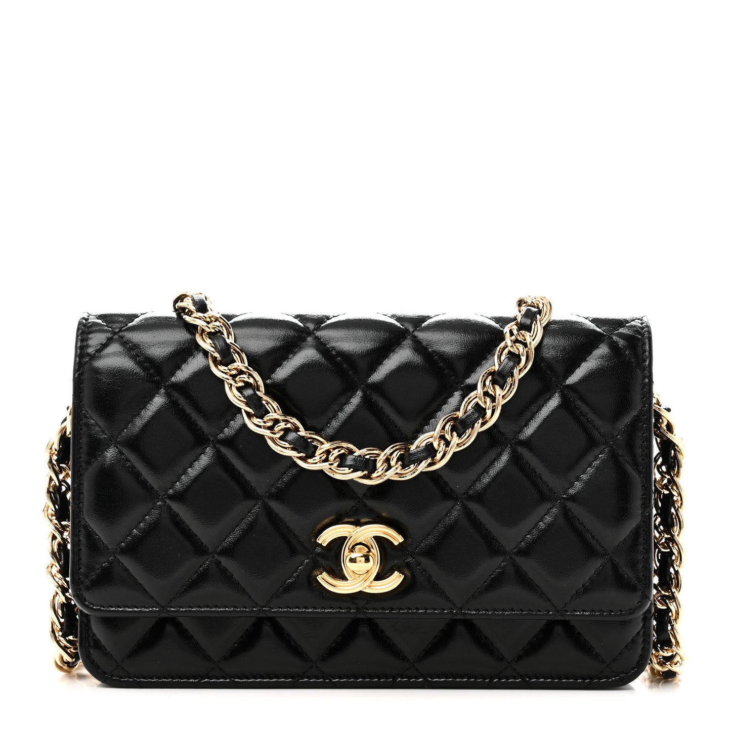 Shiny Lambskin Quilted Golden Links Wallet On Chain WOC Black