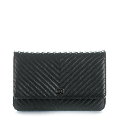 Chanel Lambskin Chevron Wallet On Chain WOC Black 1 of 9