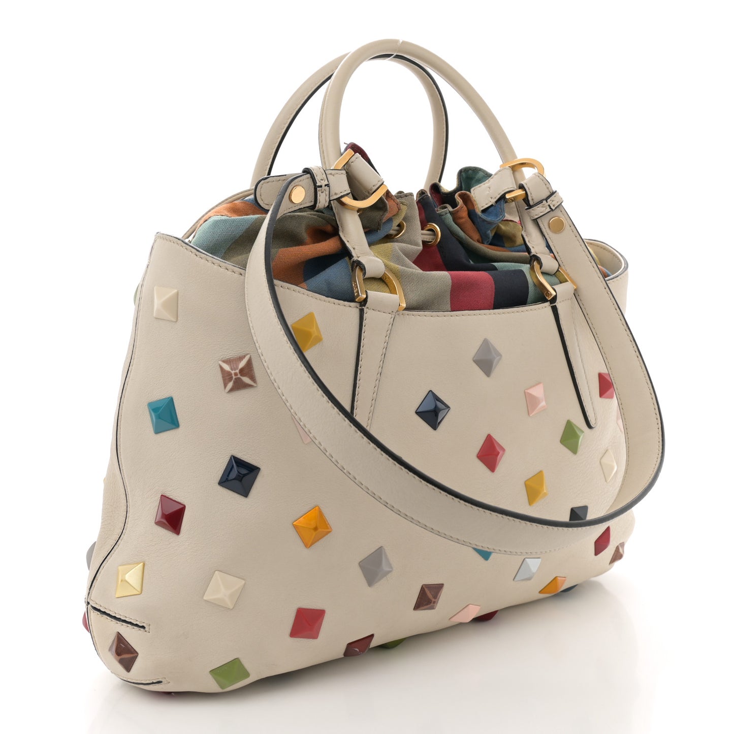 Calfskin Studded Medium B Fab Drawstring Tote Milk Multicolor