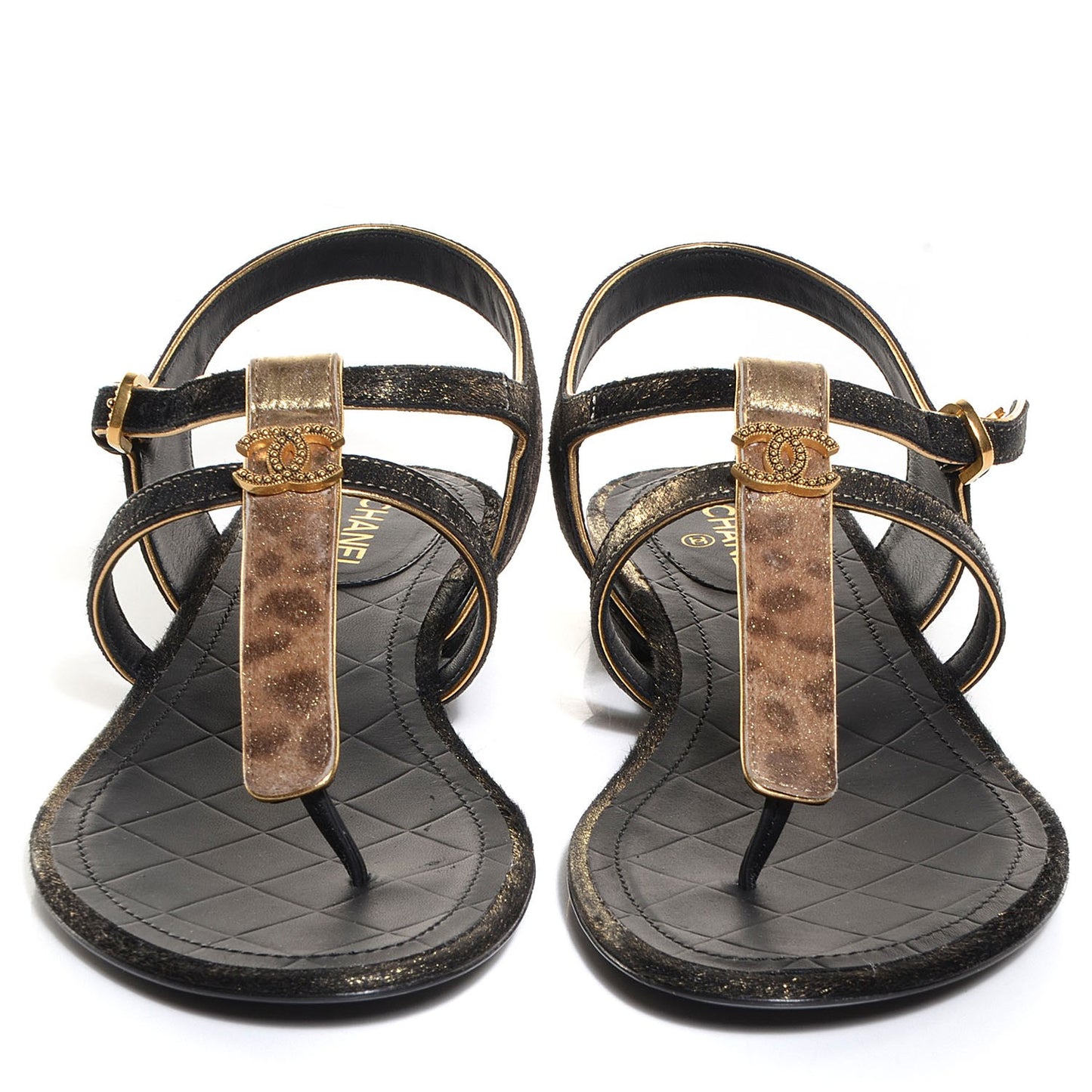 Calfskin Leopard Print Pony Hair CC Sandals Gold Black