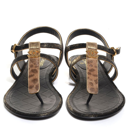 Chanel Calfskin Leopard Print Pony Hair CC Sandals Gold Black 2 of 7