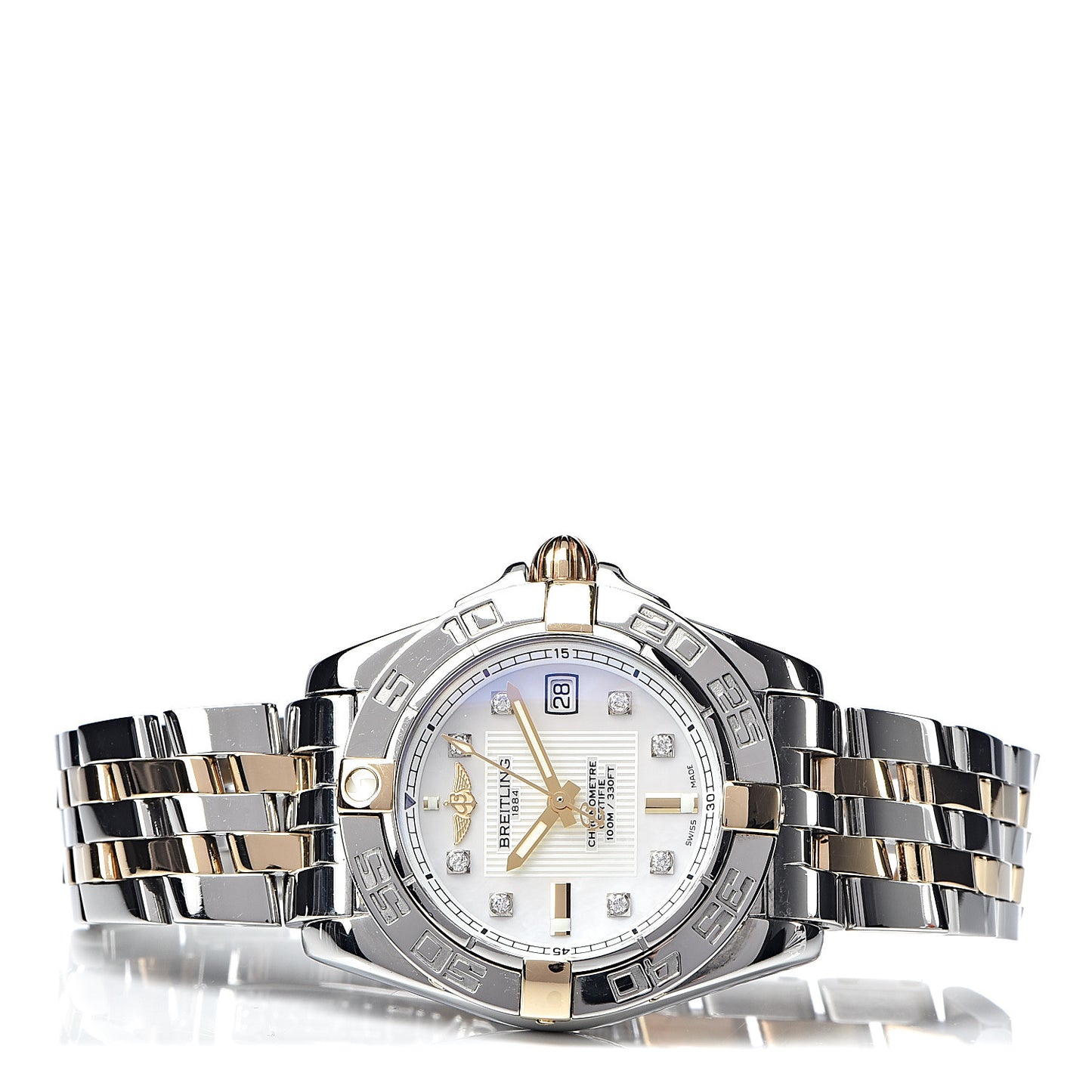 Stainless Steel 18K Yellow Gold Diamond Mother of Pearl 32mm Galactic Quartz Watch D71356