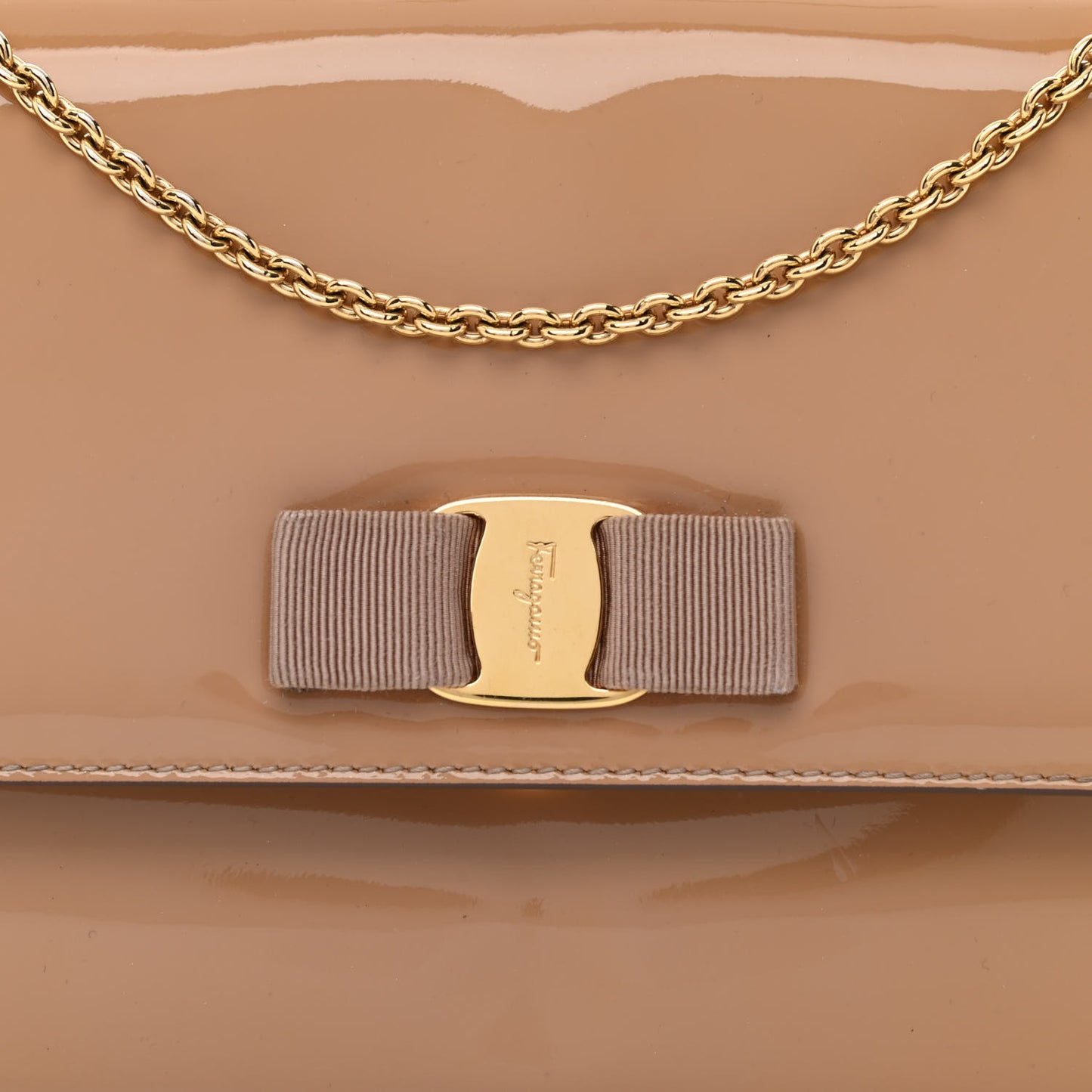 Patent Calfskin Vara Bow Chain Flap Crossbody Beige