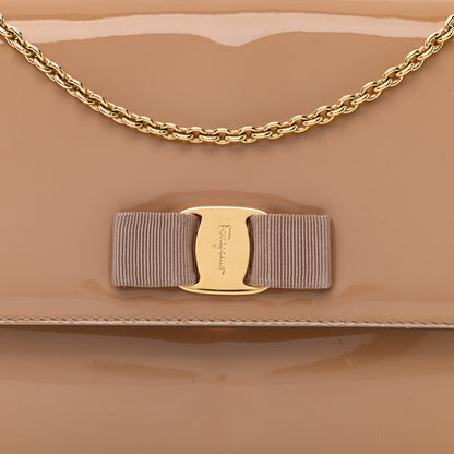 Salvatore Ferragamo Patent Calfskin Vara Bow Chain Flap Crossbody Beige 9 of 11