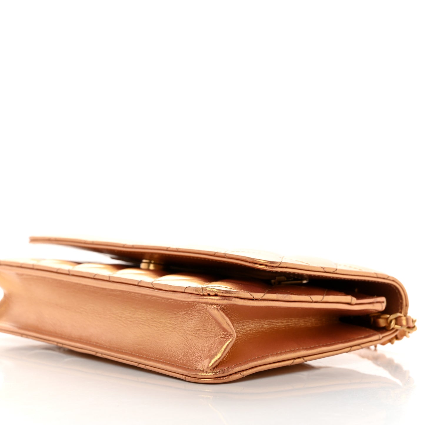 Metallic Lambskin Quilted Wallet On Chain WOC Golden