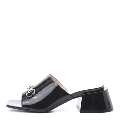 Gucci Patent Lexi Horsebit Mid-Heel Slide Sandals 37.5 Black 1 of 8