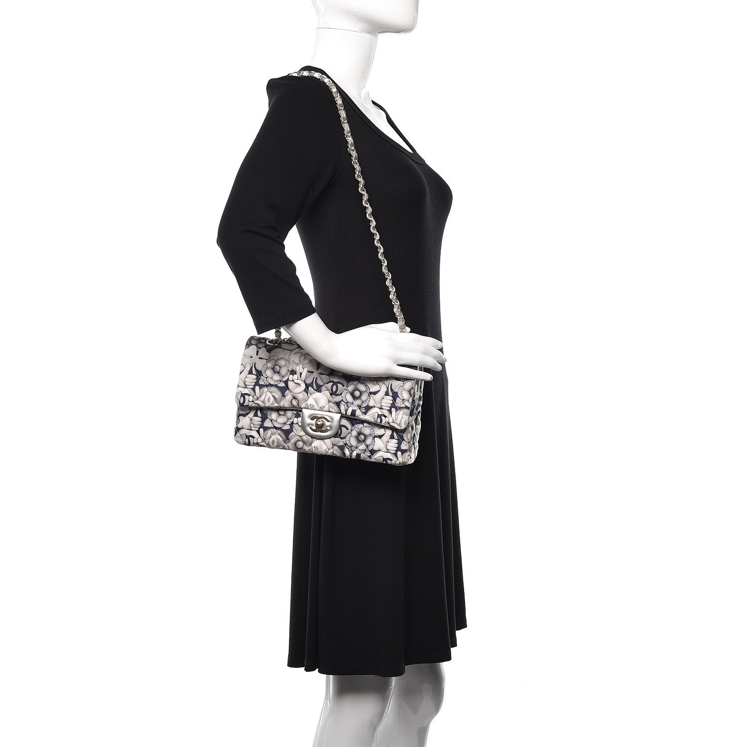 Chanel Nylon Quilted Medium Cat Emoticon Double Flap Navy Grey Ecru 2 of 10