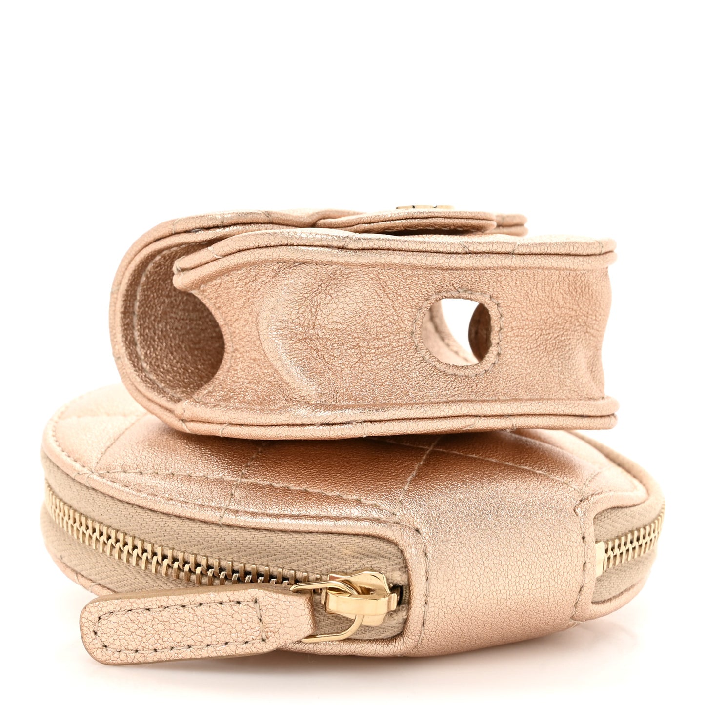 Metallic Lambskin Quilted Round Clip On Coin Purse Airpods Case Gold