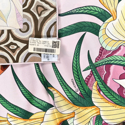 Hermes Silk La Marche Du Zambeze Scarf 90 Rose Pale Vert Jaune 3 of 3