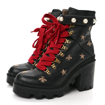 Gucci Calfskin Embroidered Lace Up Combat Ankle Boots 40 Black 3 of 9