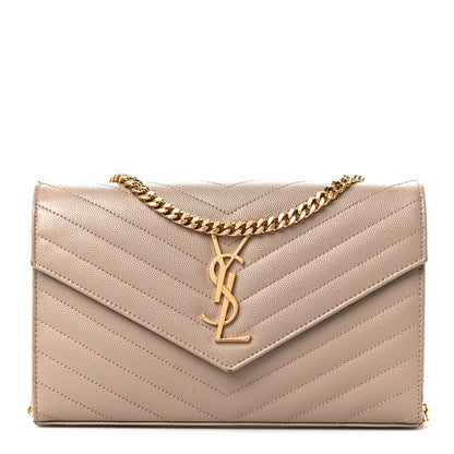 Saint Laurent Grain De Poudre Matelasse Chevron Monogram Chain Wallet Dark Beige 1 of 14