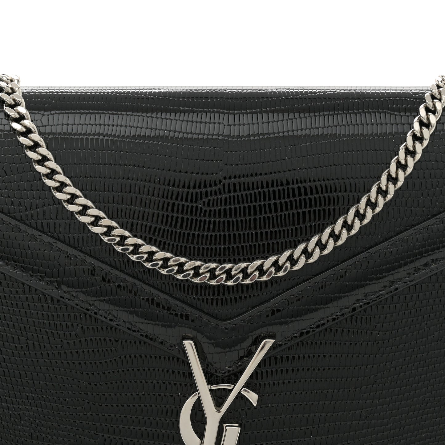 Calfskin Lizard Embossed Monogram Cassandra Chain Wallet Black
