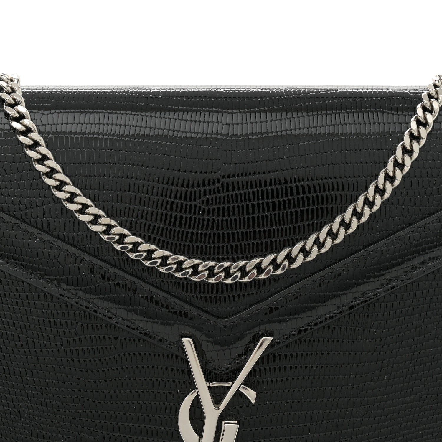 Saint Laurent Calfskin Lizard Embossed Monogram Cassandra Chain Wallet Black 7 of 11