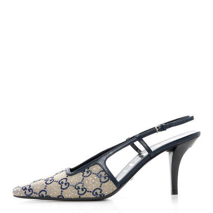 Gucci GG Monogram Malaga Kid Crystal Square G 75mm Slingback Pumps 40 Beige Blue 1 of 12