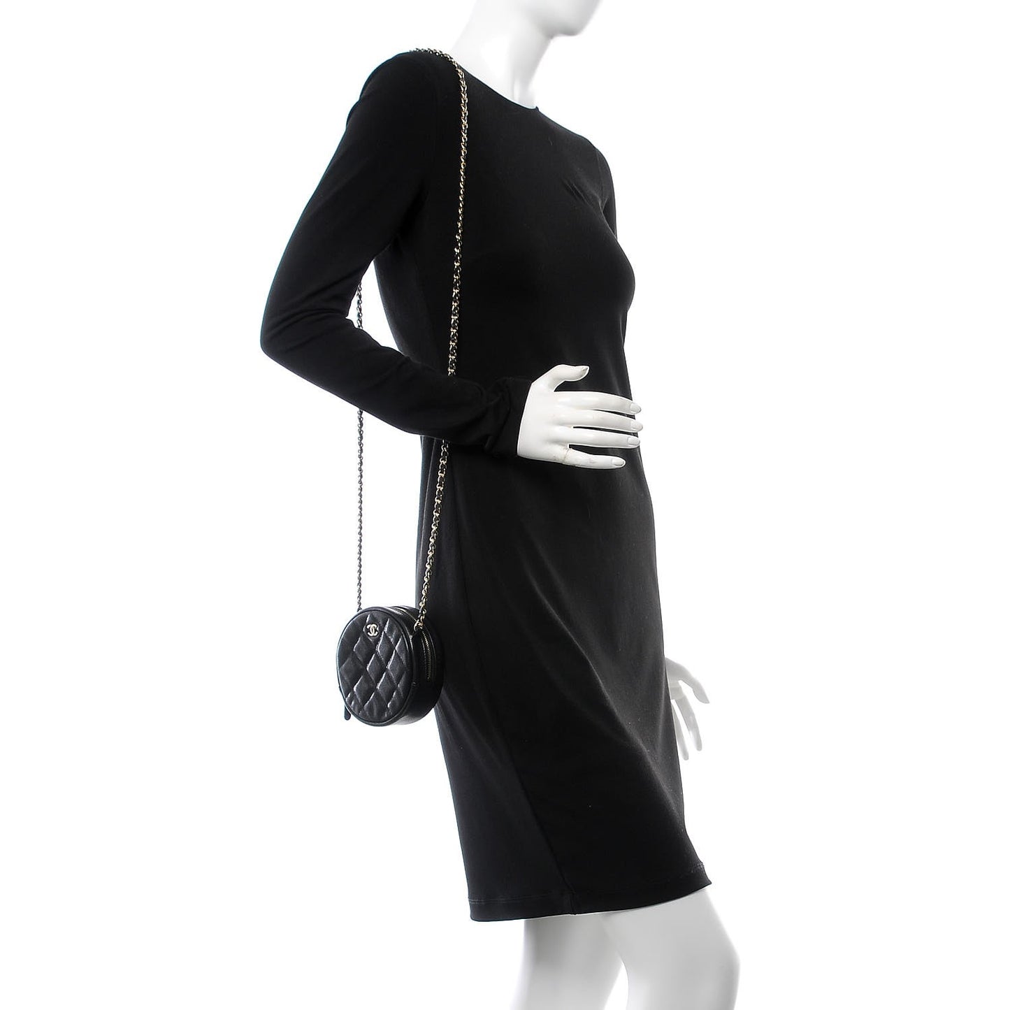 Caviar Quilted Round Clutch With Chain Black
