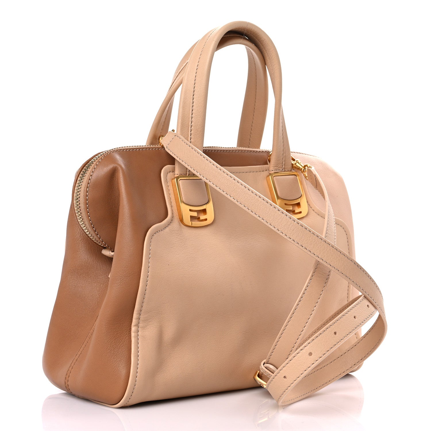 Fendi Capra Vitello Dolce Marmol Colorblock Small Chameleon Tote Cipria Makeup Camel 3 of 13