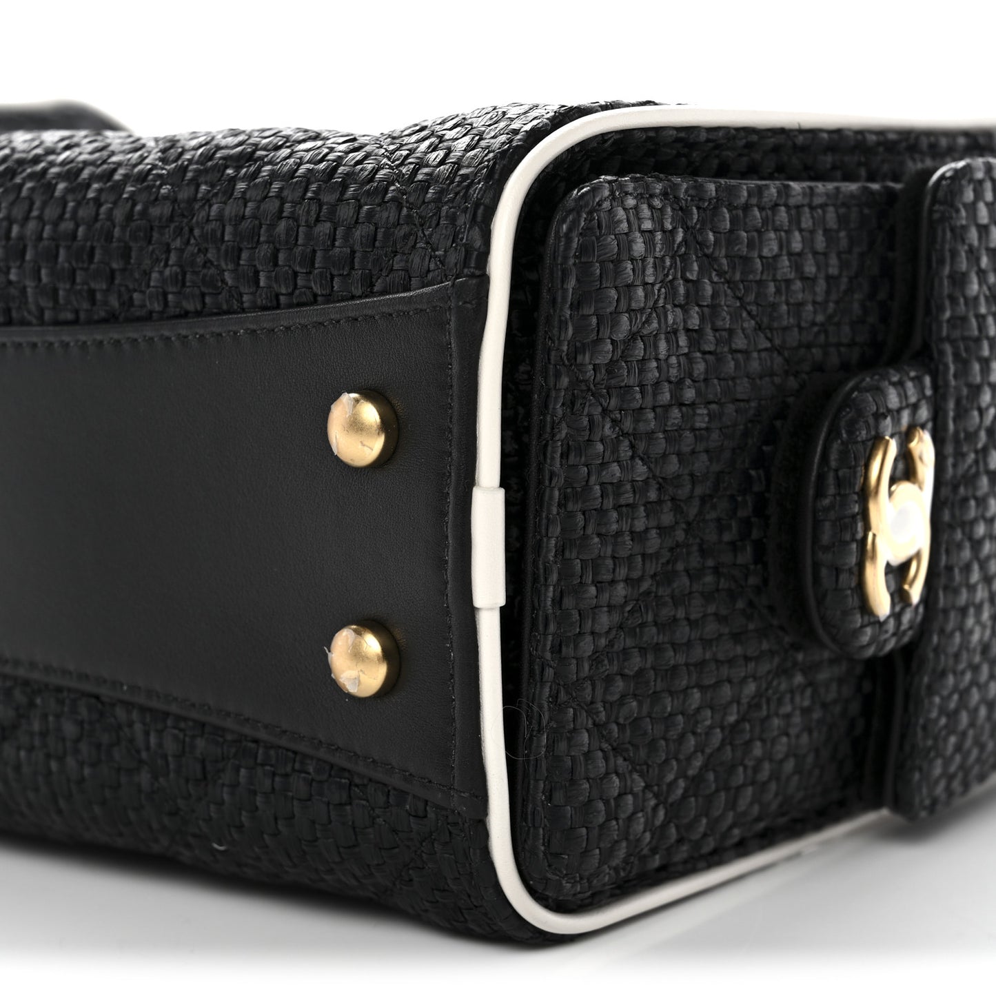Braided Raffia Calfskin Quilted Mini Chanel 25 Handbag Black White