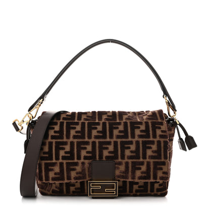 Fendi Velvet Fabric Jacquard FF Vitello Grace Medium Mamma Baguette Dark Brown 1 of 11