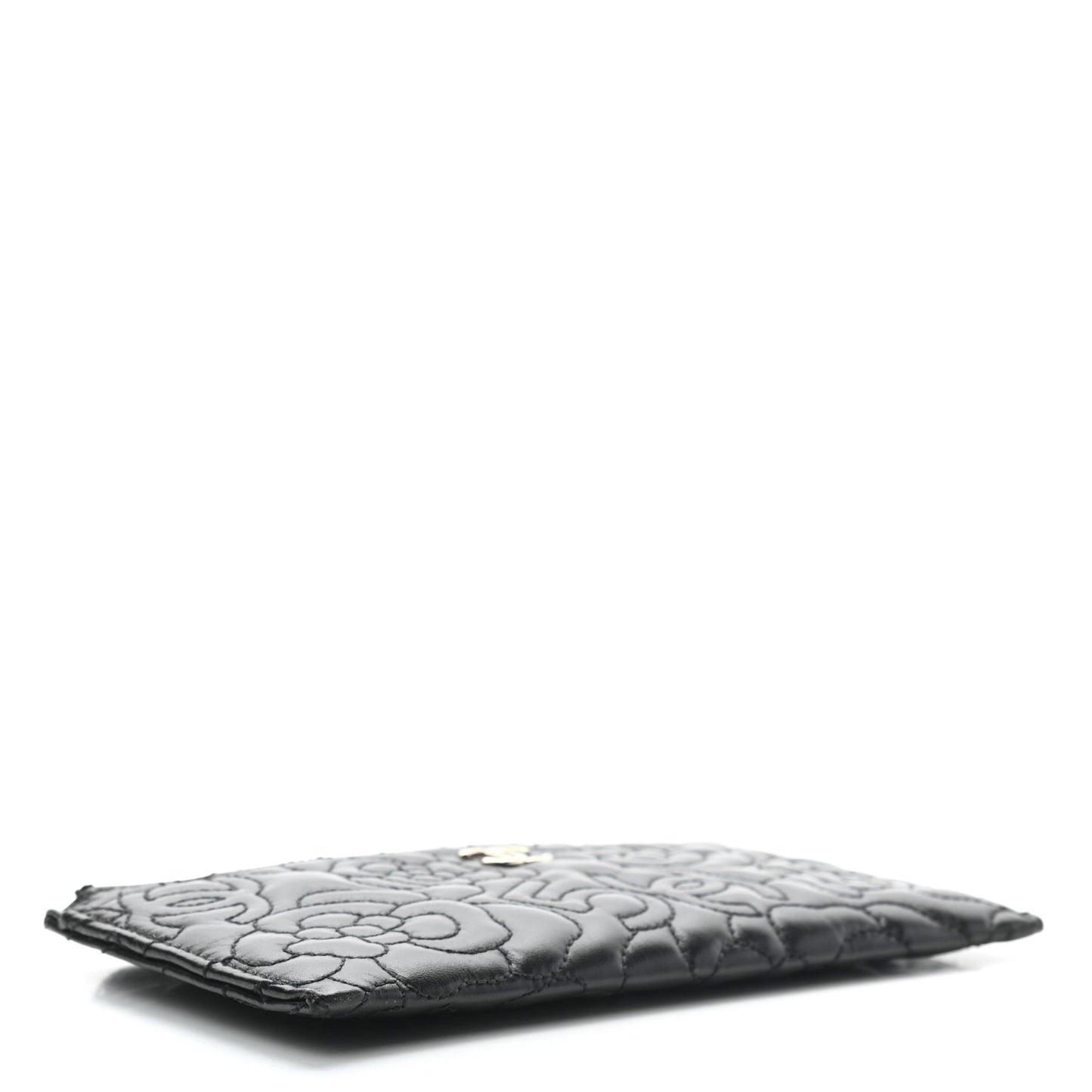 Lambskin Camellia Embossed Classic Zip Pouch Black