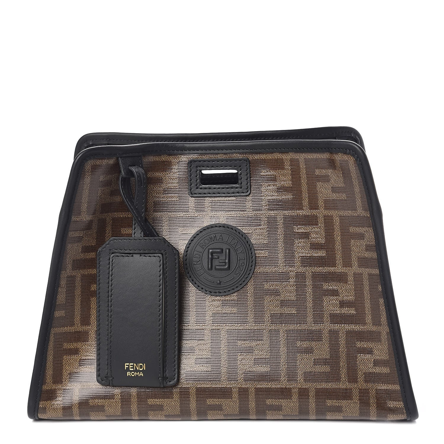 Fendi Glazed Fabric Vitello Century FF 1974 Stamp Patch Mini Peekaboo Defender Cover Mogano Panna Black 1 of 12