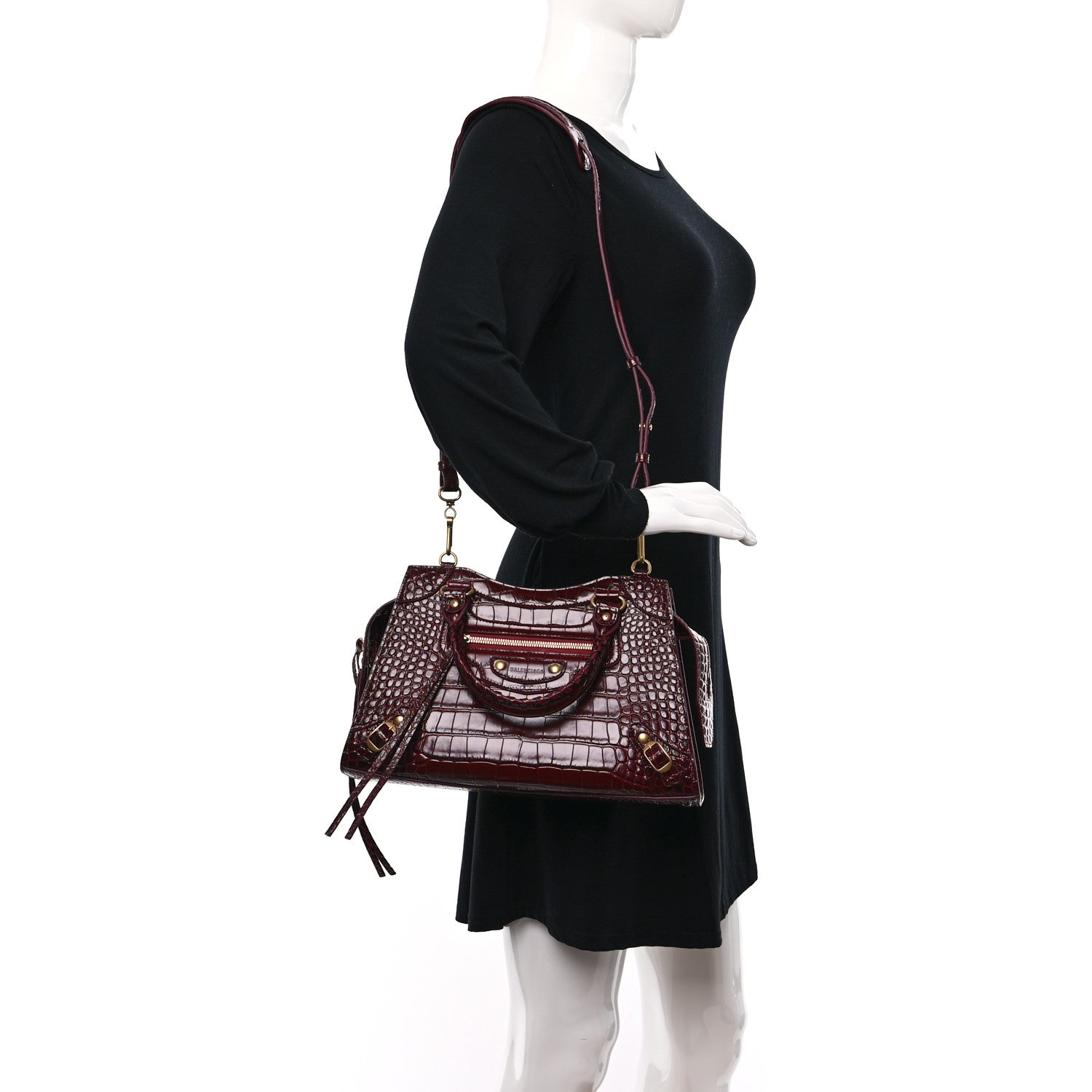 Balenciaga Shiny Supple Calfskin Crocodile Embossed Classic Gold Hardware S City Dark Red 3 of 8