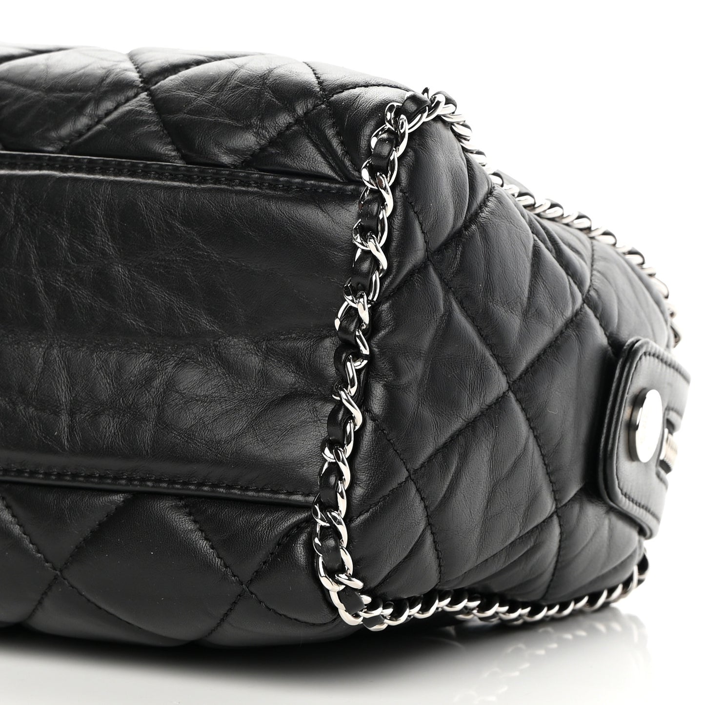 Crumpled Calfskin Quilted Chain All Over Shoulder Bag Black