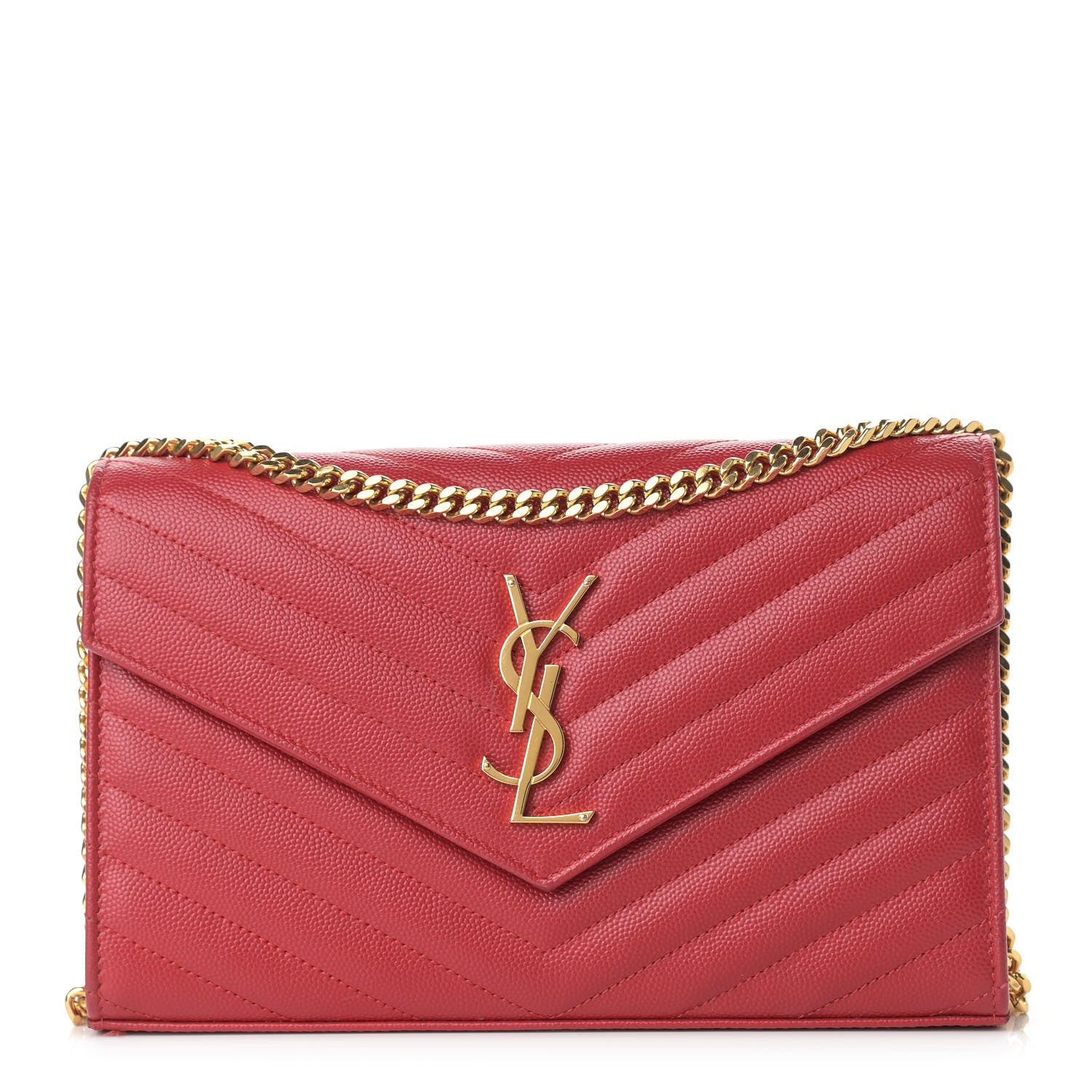 Saint Laurent Grain De Poudre Matelasse Chevron Monogram Chain Wallet Red 1 of 10