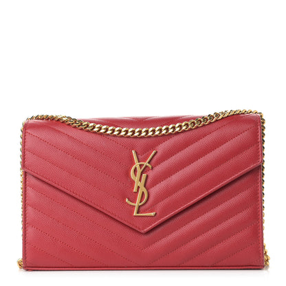 Saint Laurent Grain De Poudre Matelasse Chevron Monogram Chain Wallet Red 1 of 10