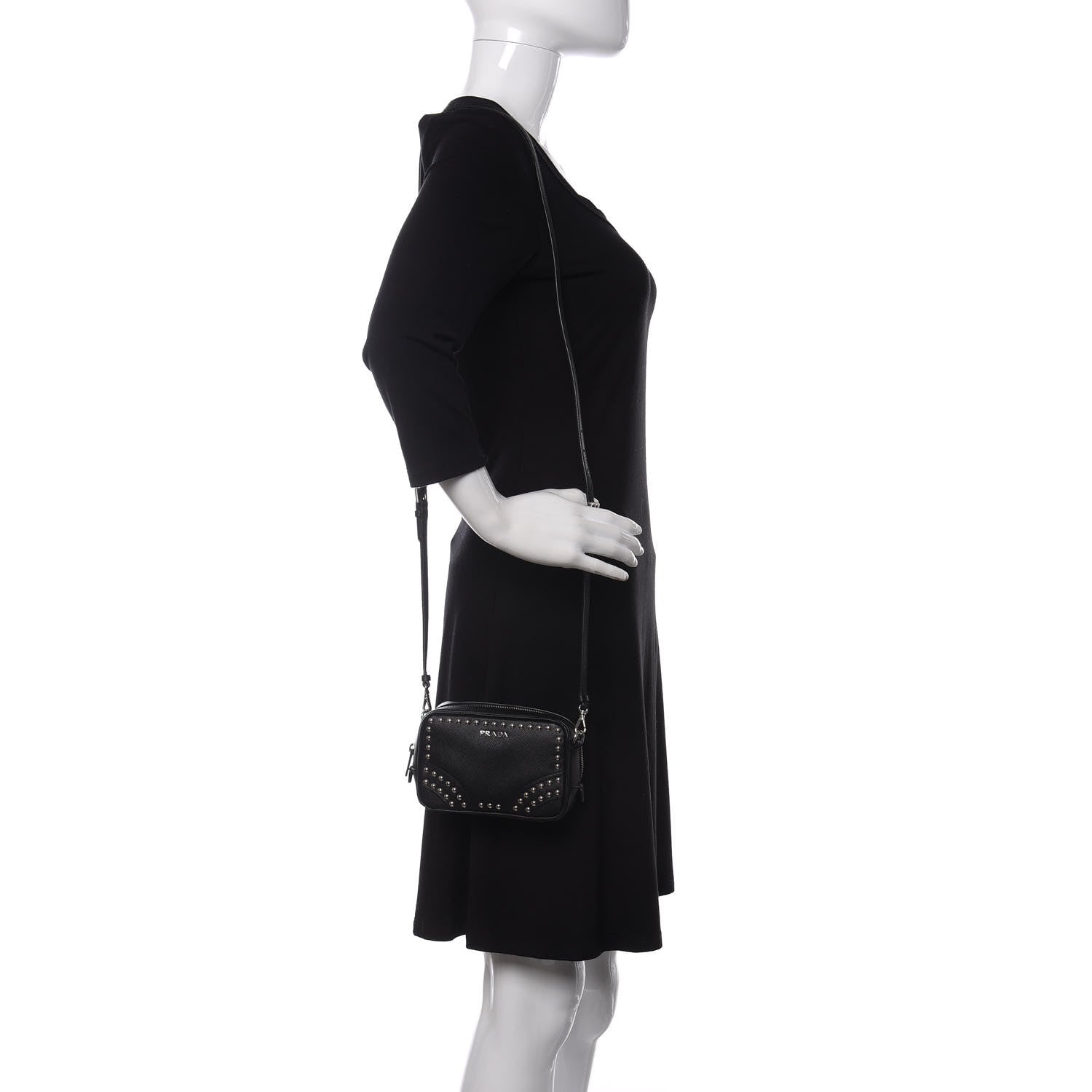 Prada Saffiano Studded Mini Camera Crossbody Black 2 of 10