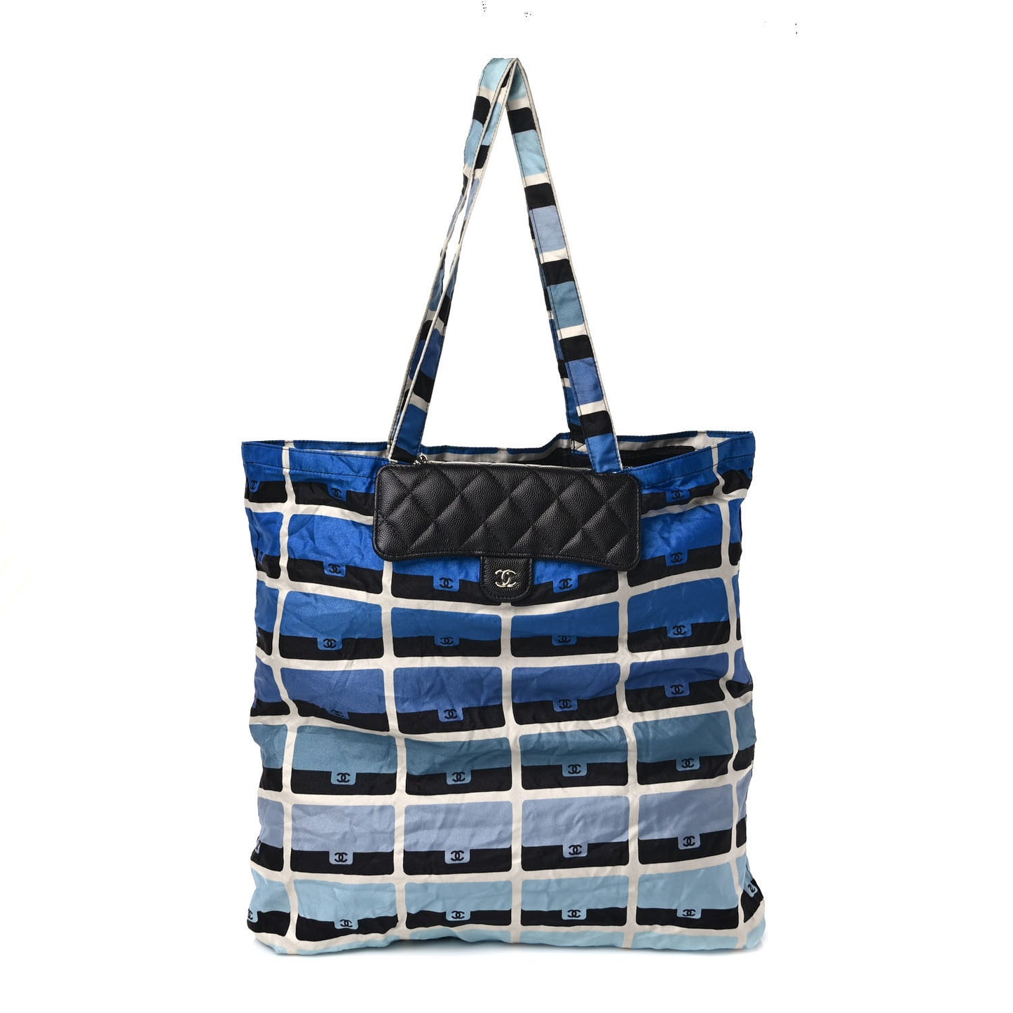 Caviar Fabric Foldable Tote Bag With Chain Black Multicolor