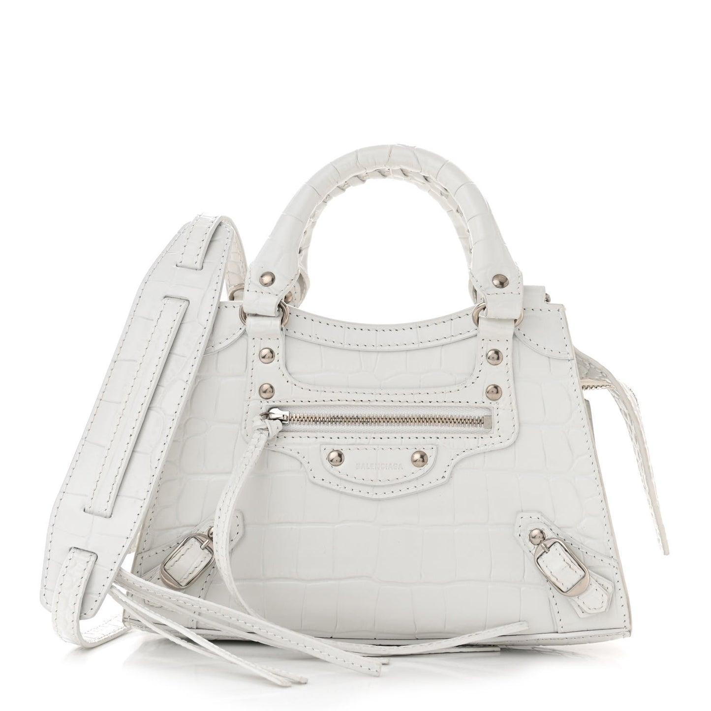 Semi Shiny Calfskin Crocodile Embossed Neo Classic Silver Hardware Mini City White