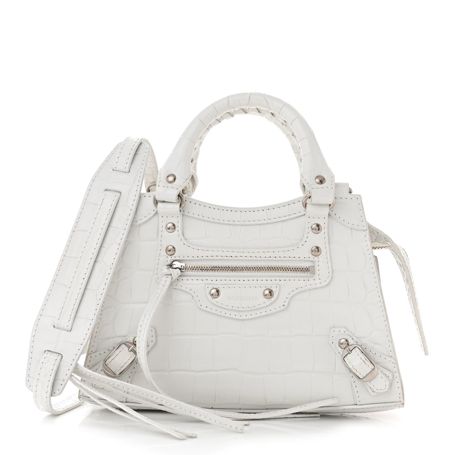 Balenciaga Semi Shiny Calfskin Crocodile Embossed Neo Classic Silver Hardware Mini City White 1 of 11