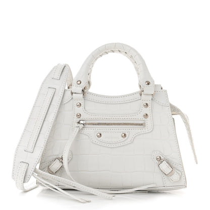 Balenciaga Semi Shiny Calfskin Crocodile Embossed Neo Classic Silver Hardware Mini City White 1 of 11