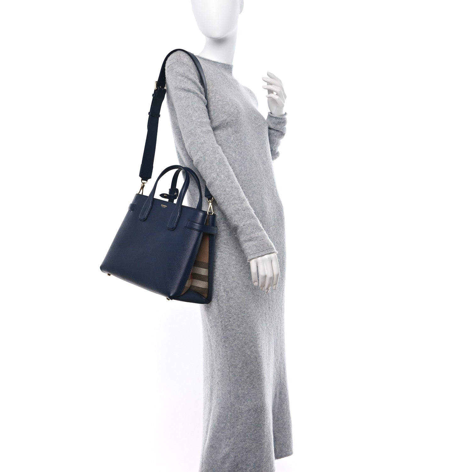 Burberry Grainy Calfskin House Check Small Banner Tote Regency Blue 2 of 10
