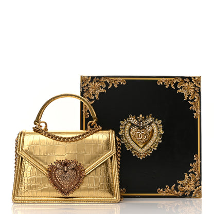 Dolce & Gabbana Metallic Calfskin Crocodile Embossed Devotion Envelope Top Handle Bag Gold 10 of 10