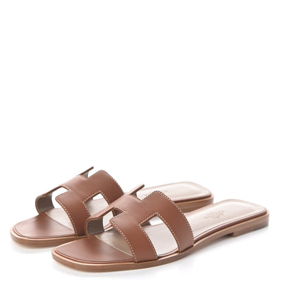 Hermes Box Calfskin Oran Sandals 37.5 Gold 3 of 8