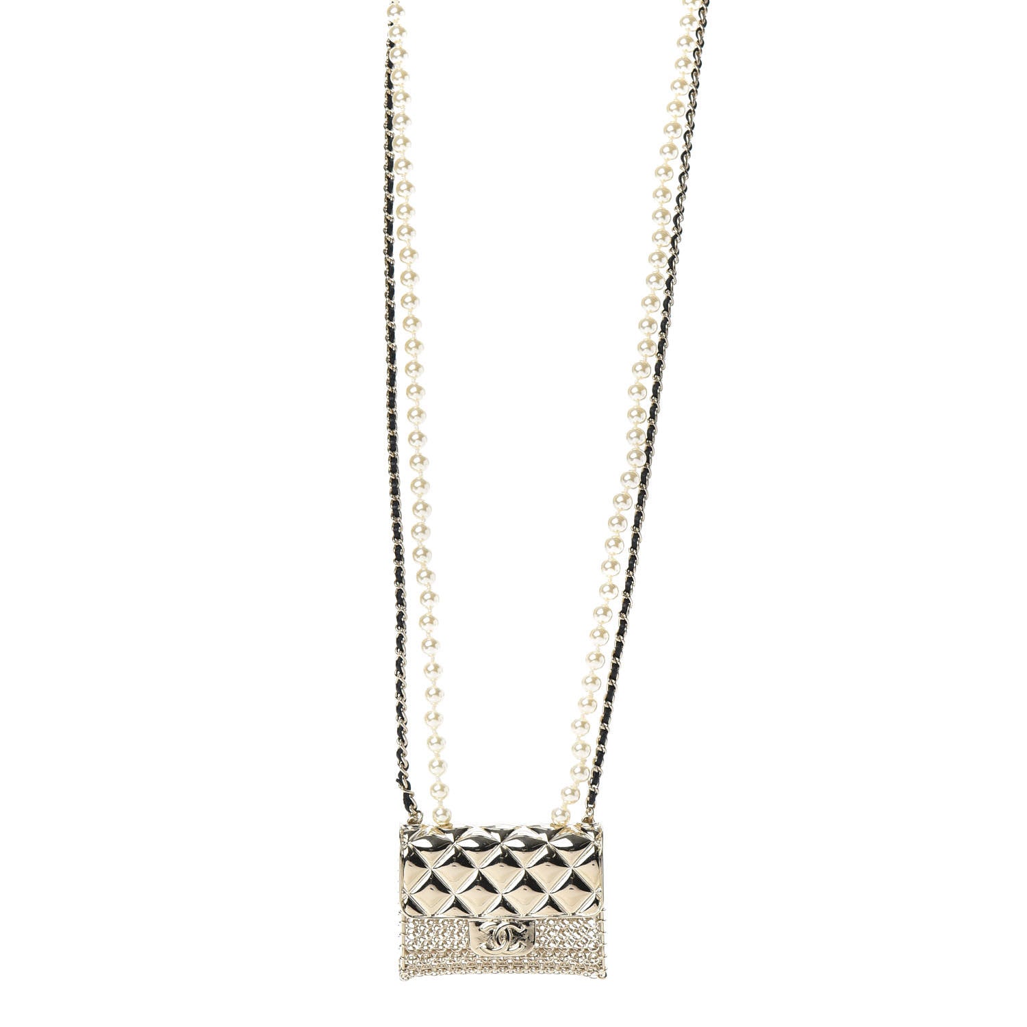 Chanel Metal Lambskin Pearl Chain Flap Bag Long Necklace Gold Black Pearly White 1 of 6